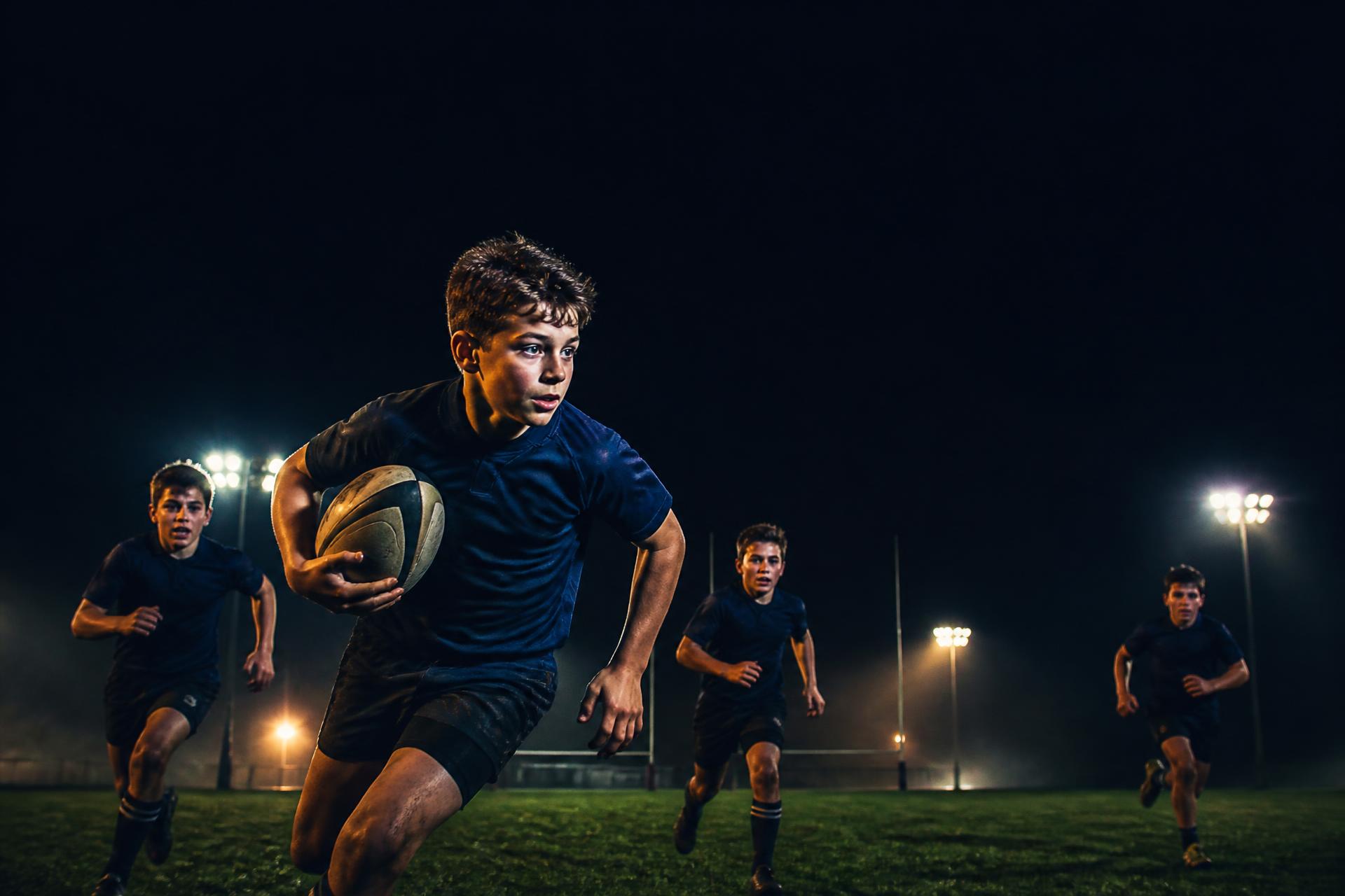 Young rugby players running with a ball during an NG Sports Camps training session